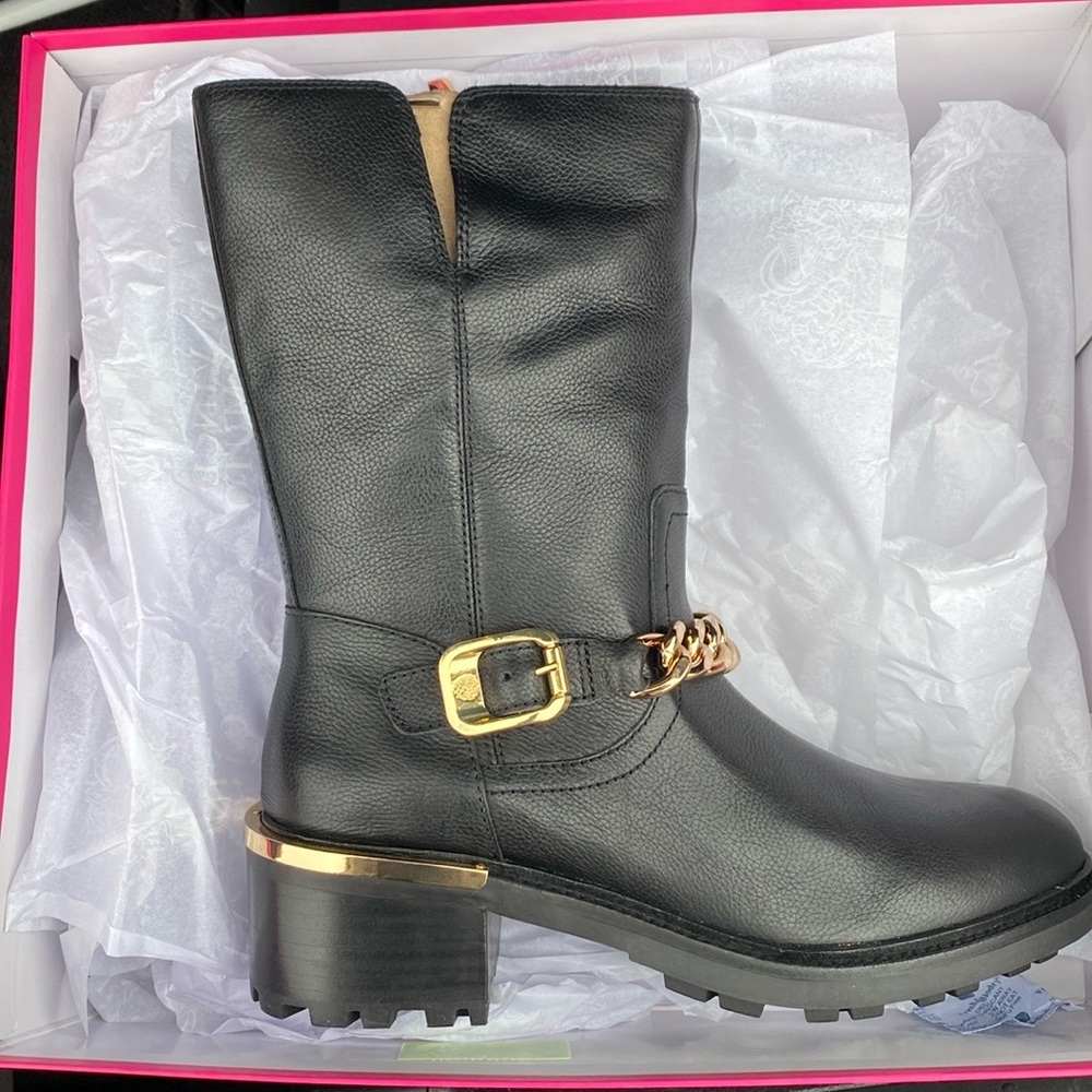 Vince Camuto black Moto boots with gold chain details